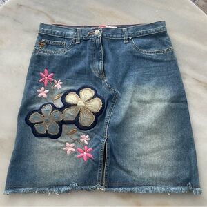 Floral Embroidered Denim Pencil Skirt